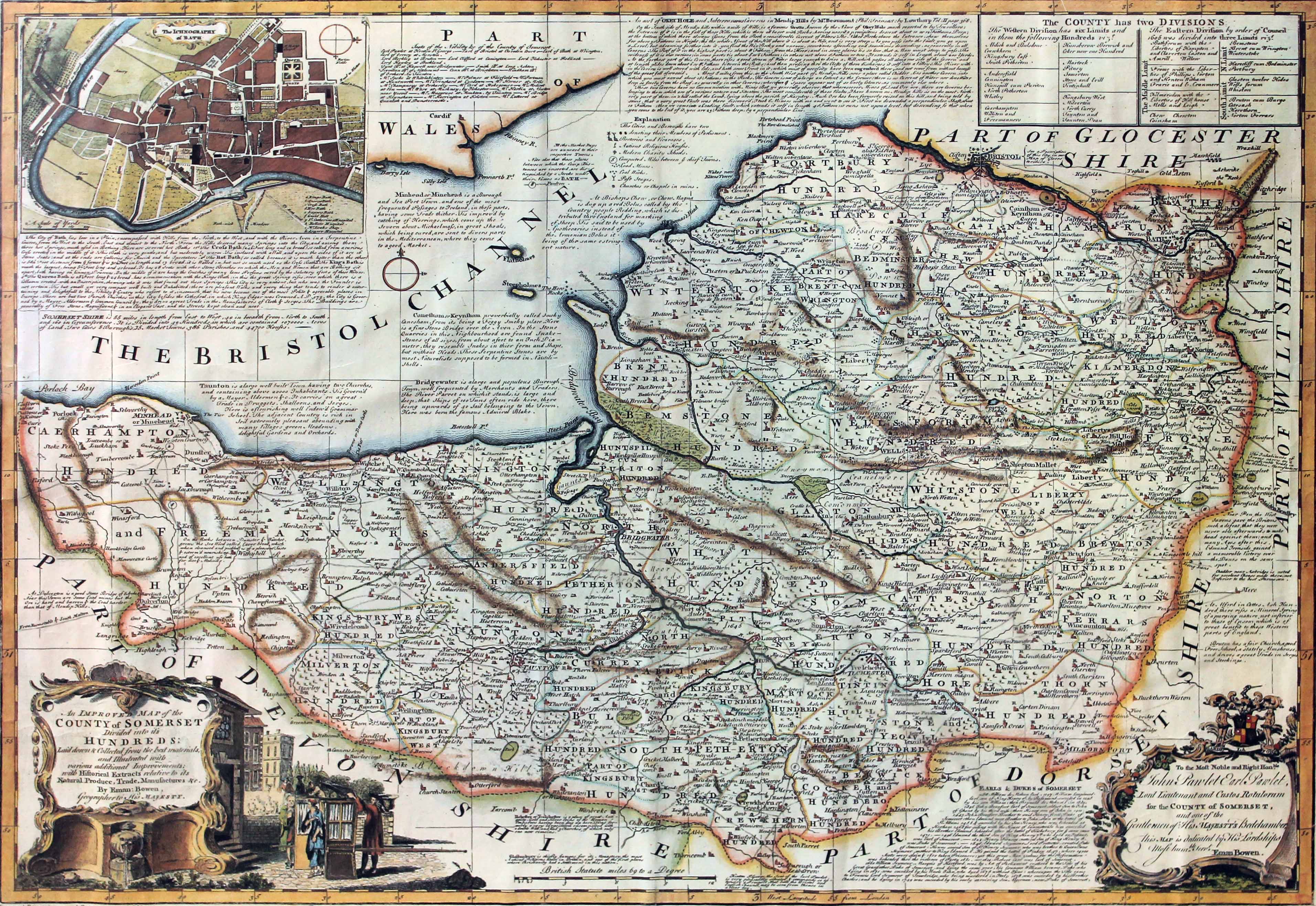 Five frammed coloured engravings of Europian towns together with a map of Gloustershire - Image 2 of 11