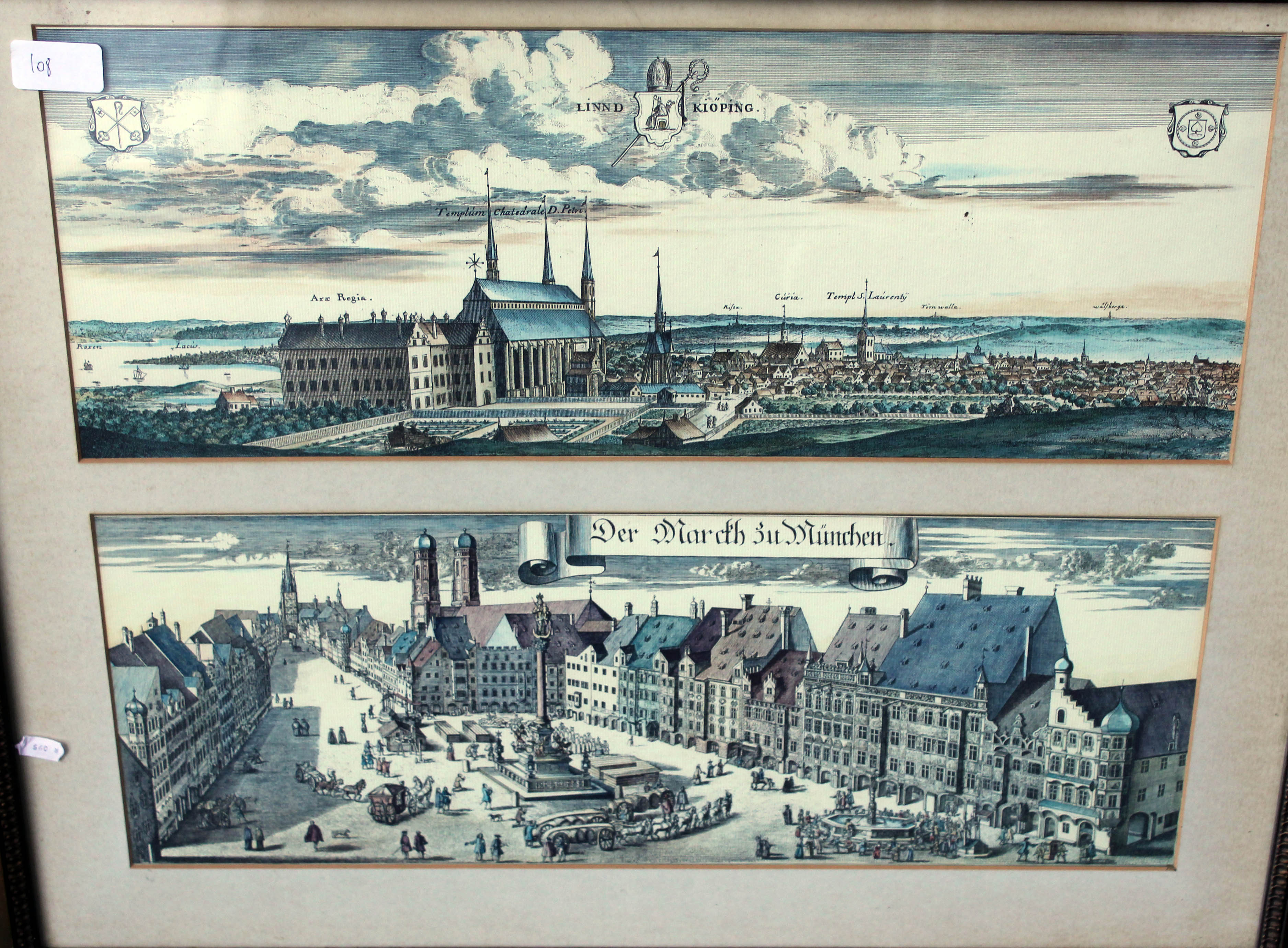 Five frammed coloured engravings of Europian towns together with a map of Gloustershire - Image 5 of 11