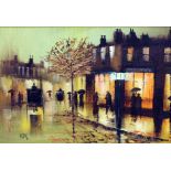 Barry Hilton. Rainy street scene. Oil on canvas. 39cm x 29cm. Signed