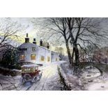 Jim Robinson. Winter street scenes. Pair of watercolours. 38cm x 21cm and 30cm x 23cm. Both signed
