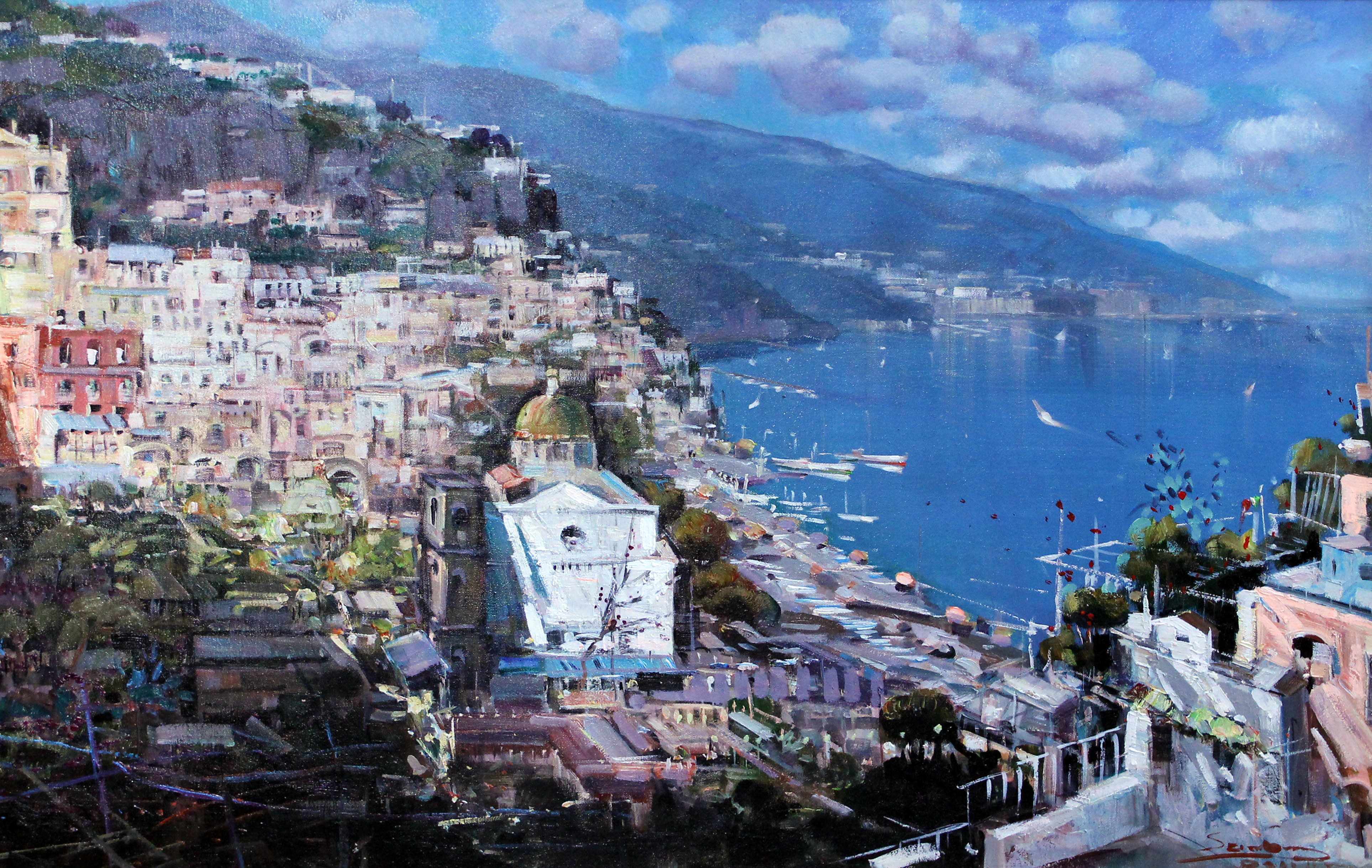 Mario Sanzone. ÔPositand on the coastÕ. Oil on canvas. 99cm x 68cm. Signed