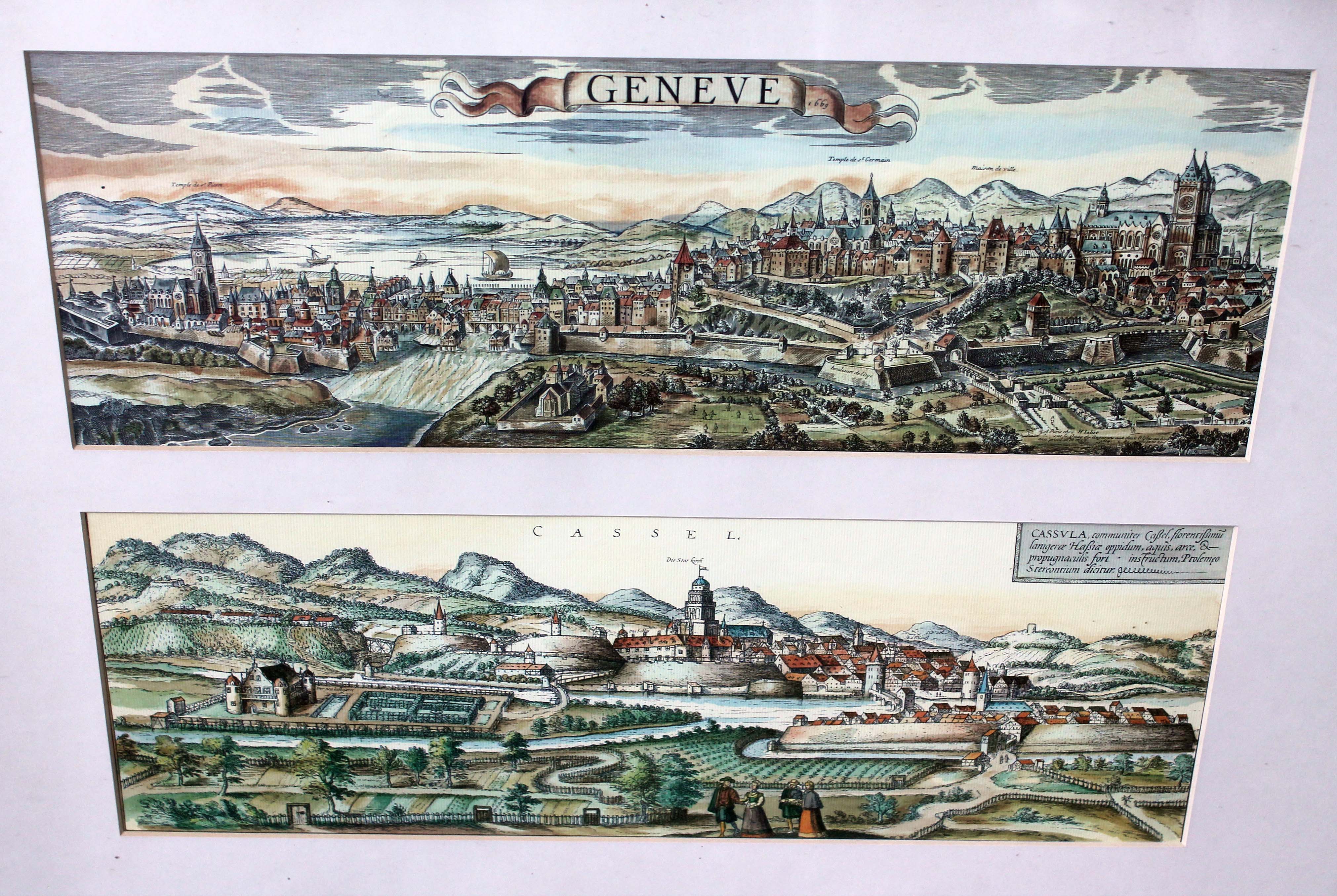 Five frammed coloured engravings of Europian towns together with a map of Gloustershire - Image 6 of 11