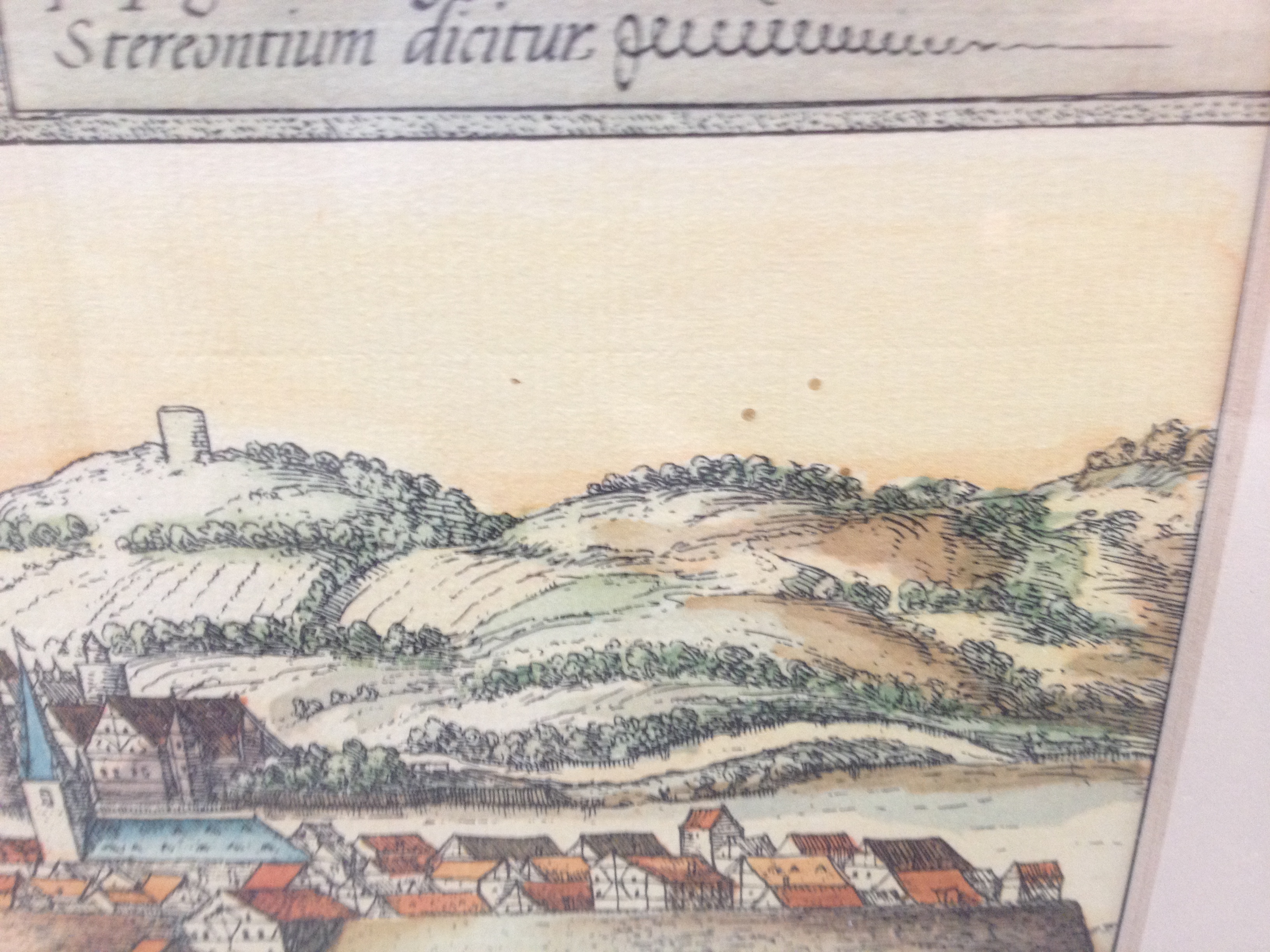 Five frammed coloured engravings of Europian towns together with a map of Gloustershire - Image 9 of 11