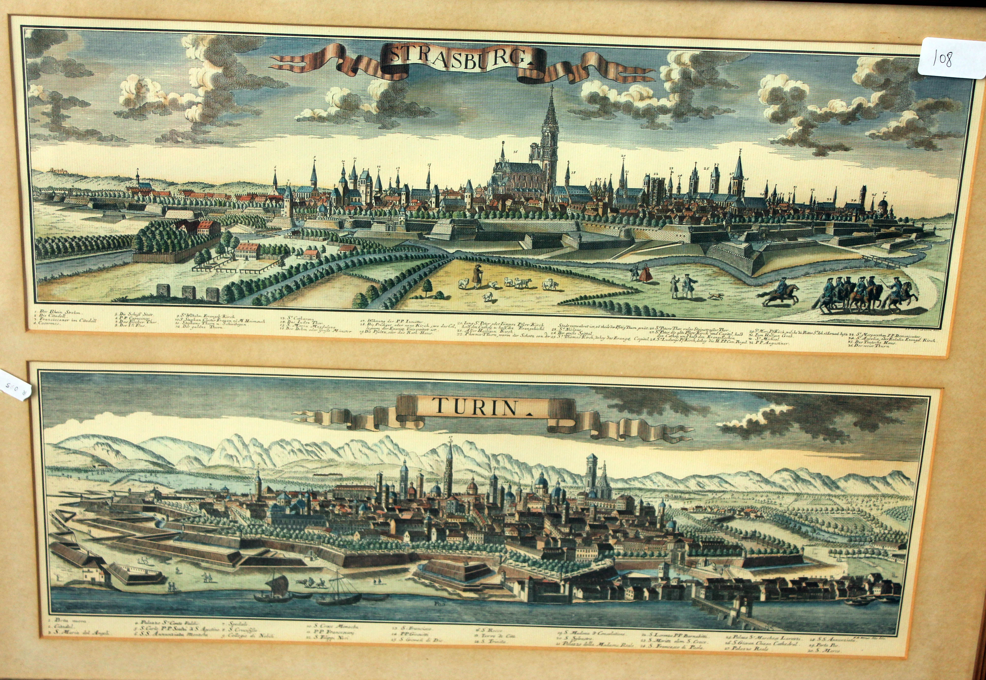 Five frammed coloured engravings of Europian towns together with a map of Gloustershire - Image 4 of 11
