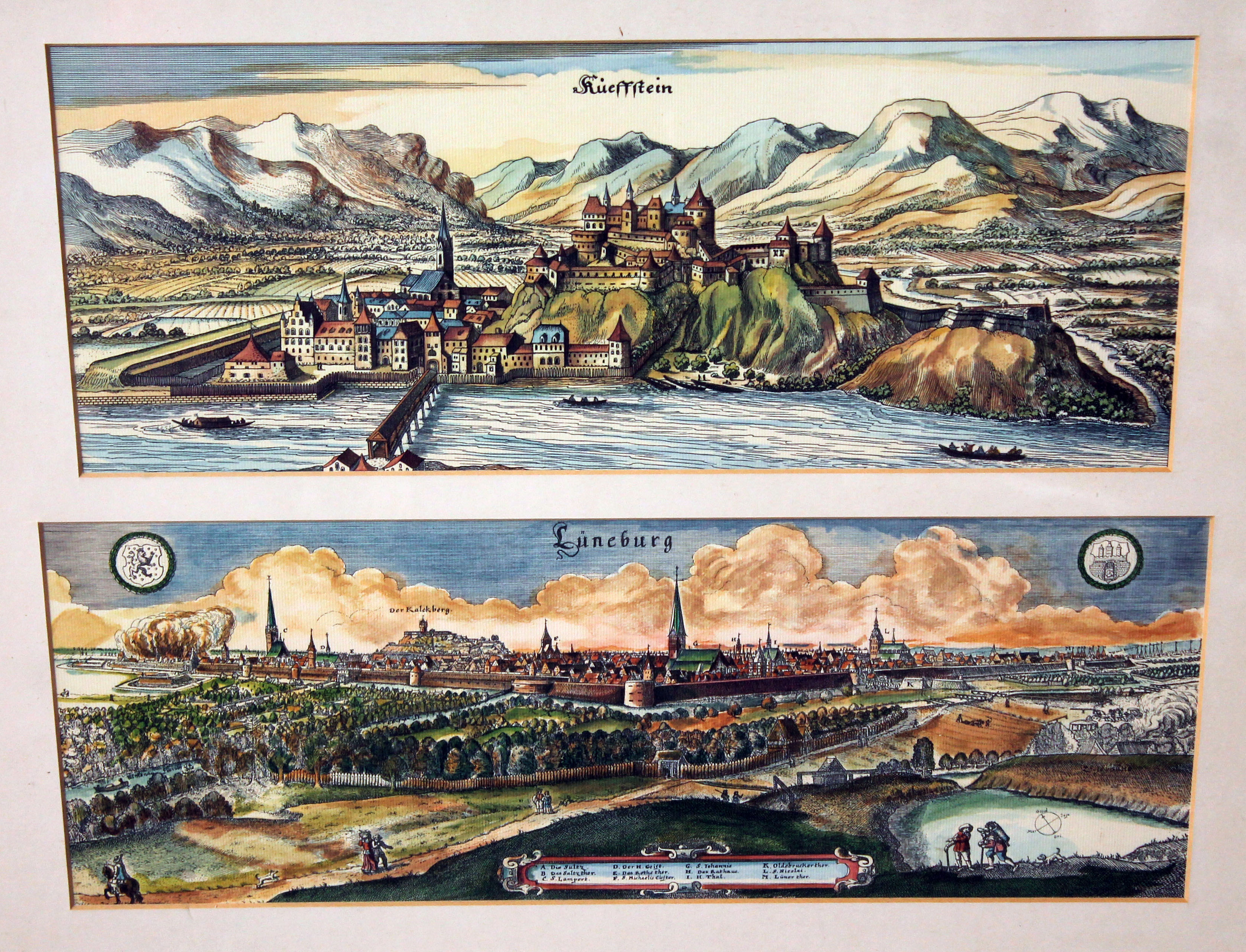 Five frammed coloured engravings of Europian towns together with a map of Gloustershire