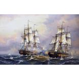 J Harvey. Ships at sea. Oil on canvas. 75cm x 49cm. Signed