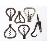 A group of six corkscrews comprising one marked Charles Heidsieck Champagne, another marked Union