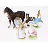 Five Beswick figures (damaged) together with two Royal Albert Beatrix Potter figures. Condition -