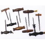 A group of nine 19th/20th Century corkscrews comprising one marked Berkley & Co LTD 1941, another