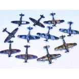 A fleet of eleven Dinky Toys aeroplanes comprising six Hawker Hurrican MKII and five Spitfire MKII