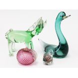 Two Murano glass animals, an Isle of white glass bird and a glass apple. Condition - small chip to