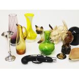 A mixed lot to include four pieces of studio glass, a hallmarked silver vase, a pistol lighter,