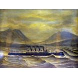 19th Century School. Steam boat in stormy waters amid a mountainous landscape. Oil on canvas. 58cm x