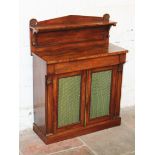 An early 19th Century mahogany chiffonier with brass lattice doors. W89cm D37cm H118cm