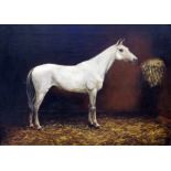 Naive English School 19th Century. Horse in stable. Oil on canvas. 59cm x 43cm. Unsigned.