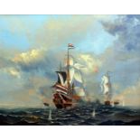 L Harvey. Battle ships. Oil on canvas. 59cm x 49cm. Signed.