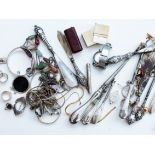A mixed lot to include silver and other jewellery, silver handled button hooks and shoe horns etc.