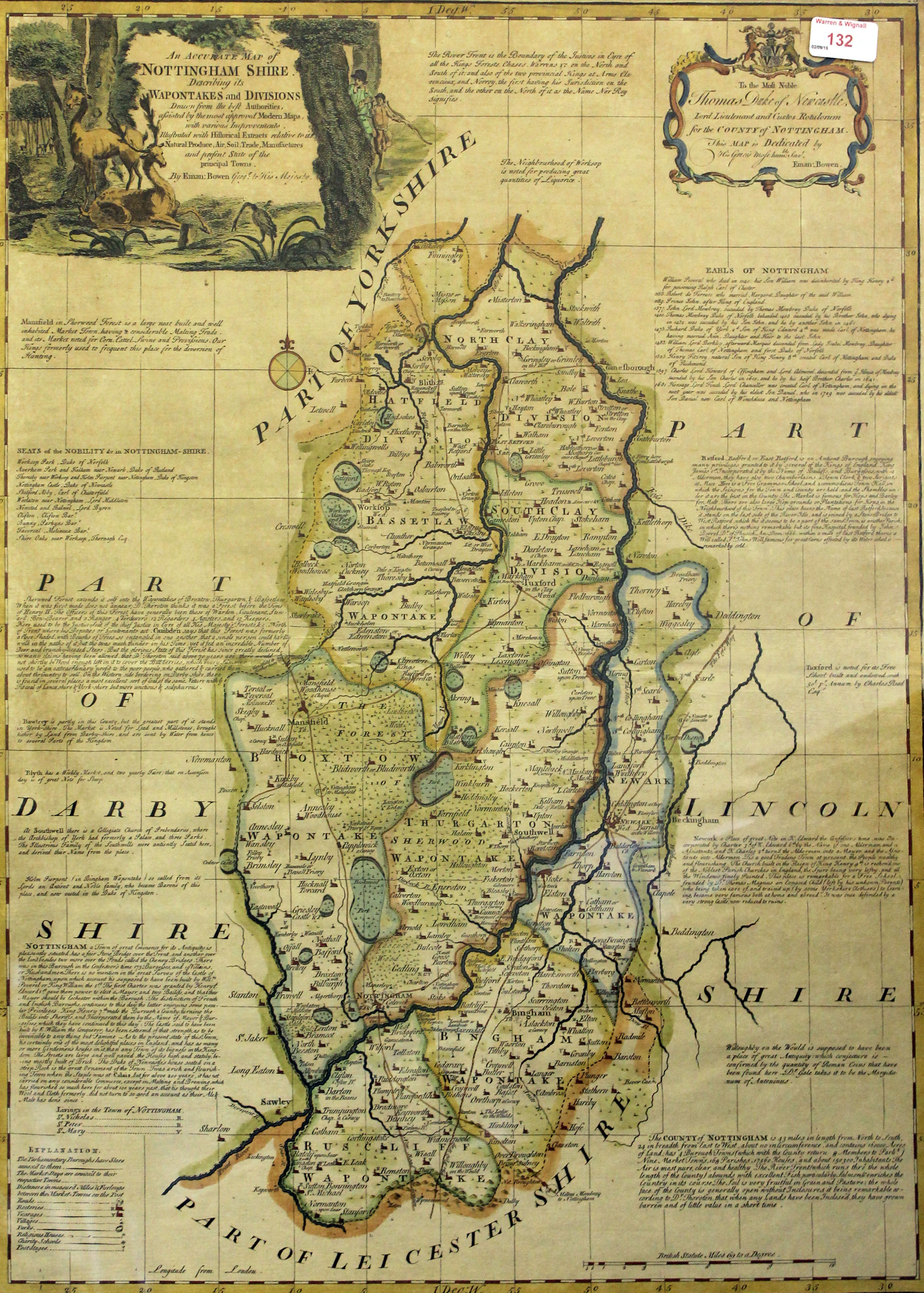 A mid 18th Century map of Nottinghamshire by Eman Bowen. 55cm x 77cm.
