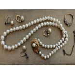 A mixed lot comprising a cultured pearl necklace with 9ct gold clasp, two pairs of simulated pearl