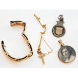 A mixed lot to include a 9ct gold sprung bracelet gross wt. 11.7g , a 9ct gold crucifix on chain wt.