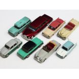 A group of eight Dinky Toys cars comprising Humber Hawk, Singer Gazelle, Packard Clipper, Cadillac