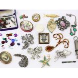 A mixed lot to include a 9ct gold brooch, various costume brooches, gem stones, a whistle etc.