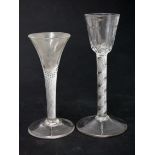 An 18th Century air twist drinking glass circa 1760 and another. H14cm & 16cm. Condition - good, the
