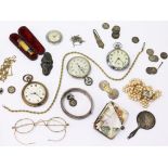 A mixed lot to include three pocket watches, a silver bangle, gold plated spectacles etc.