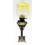 A gilt metal and marble oil lamp with etched glass shade. H74cm. Condition - wear to metal areas,