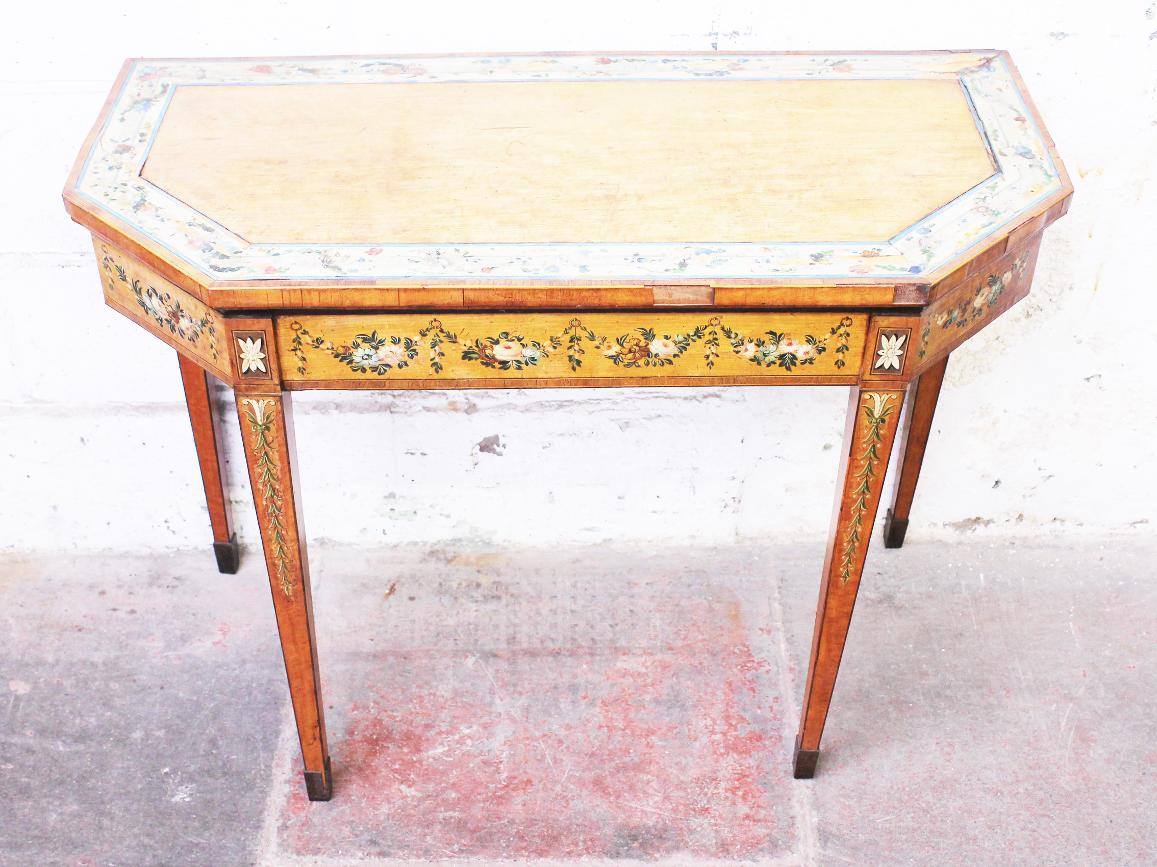 A Sheraton style painted and crossbanded satinwood fold top card table circa 1800. W97cm D45cm H73cm - Image 2 of 2