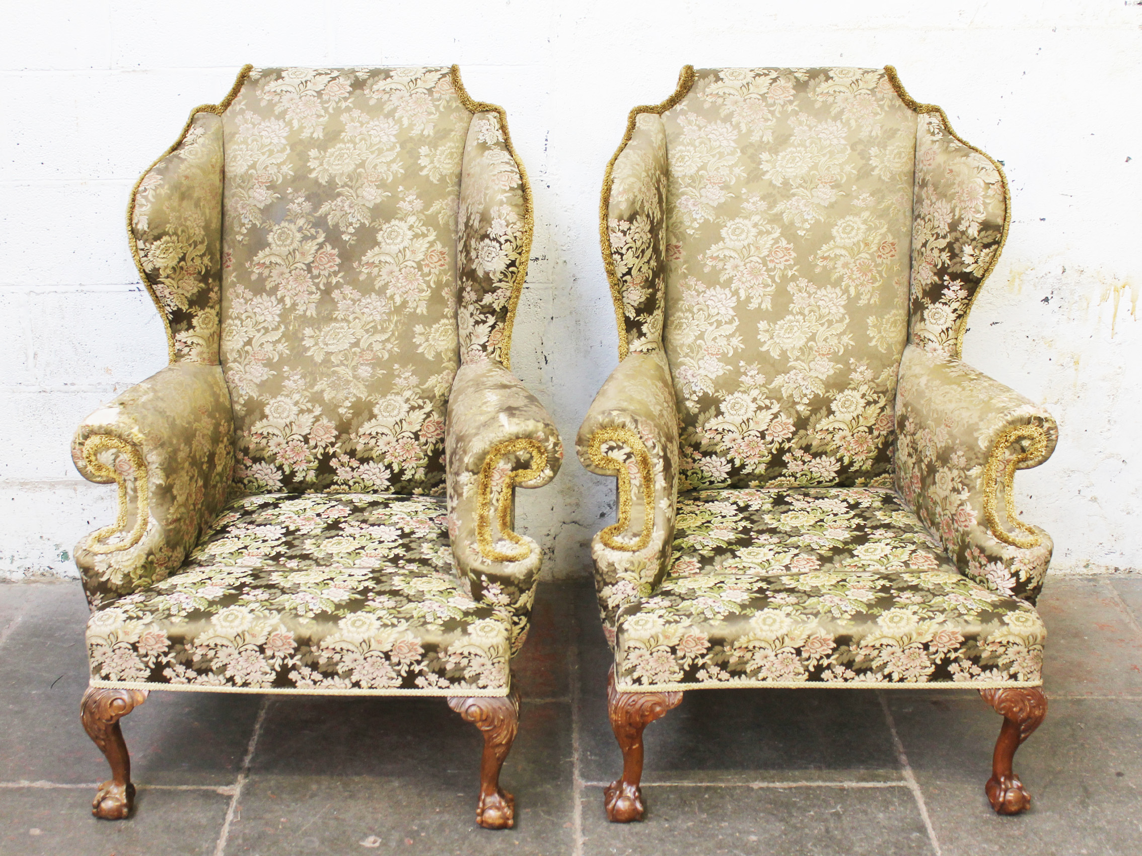A pair of Queen Anne style winged back chairs. H116cm