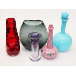 Six pieces of glass to include a Whitefriars pulled glass vase, a Murano waisted figure, an art