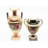 Two 19th Century Derby porcelain twin handled vases. H22cm and 31cm. Condition - all handles