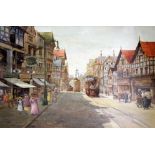 K Cherrington. "Breezy Morning Eastgate St. Chester". Watercolour. 46cm x 35cm. Signed.