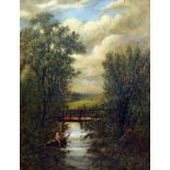 19th Century School. Figures stood on bridge over looking stream. Oil on canvas. 47cm x 55cm.