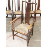 A set of five William Birch style rush seated oak chairs