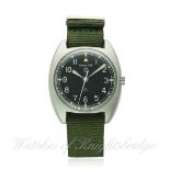 A GENTLEMAN'S STAINLESS STEEL BRITISH MILITARY HAMILTON WRIST WATCH DATED 1973
D: Black dial with