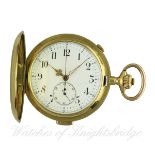 A RARE GENTLEMAN'S 18K SOLID GOLD FULL HUNTER QUARTER REPEATER CARILLON CHRONOGRAPH POCKET WATCH