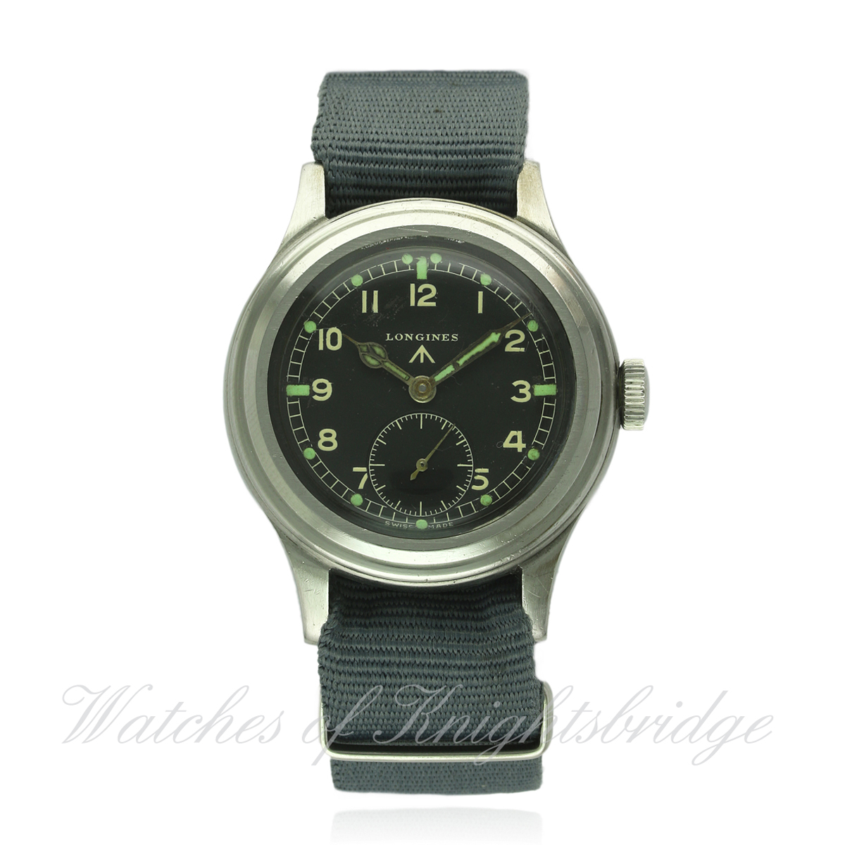 A GENTLEMAN'S STAINLESS STEEL BRITISH MILITARY W.W.W. LONGINES "GREENLANDER" WRIST WATCH CIRCA