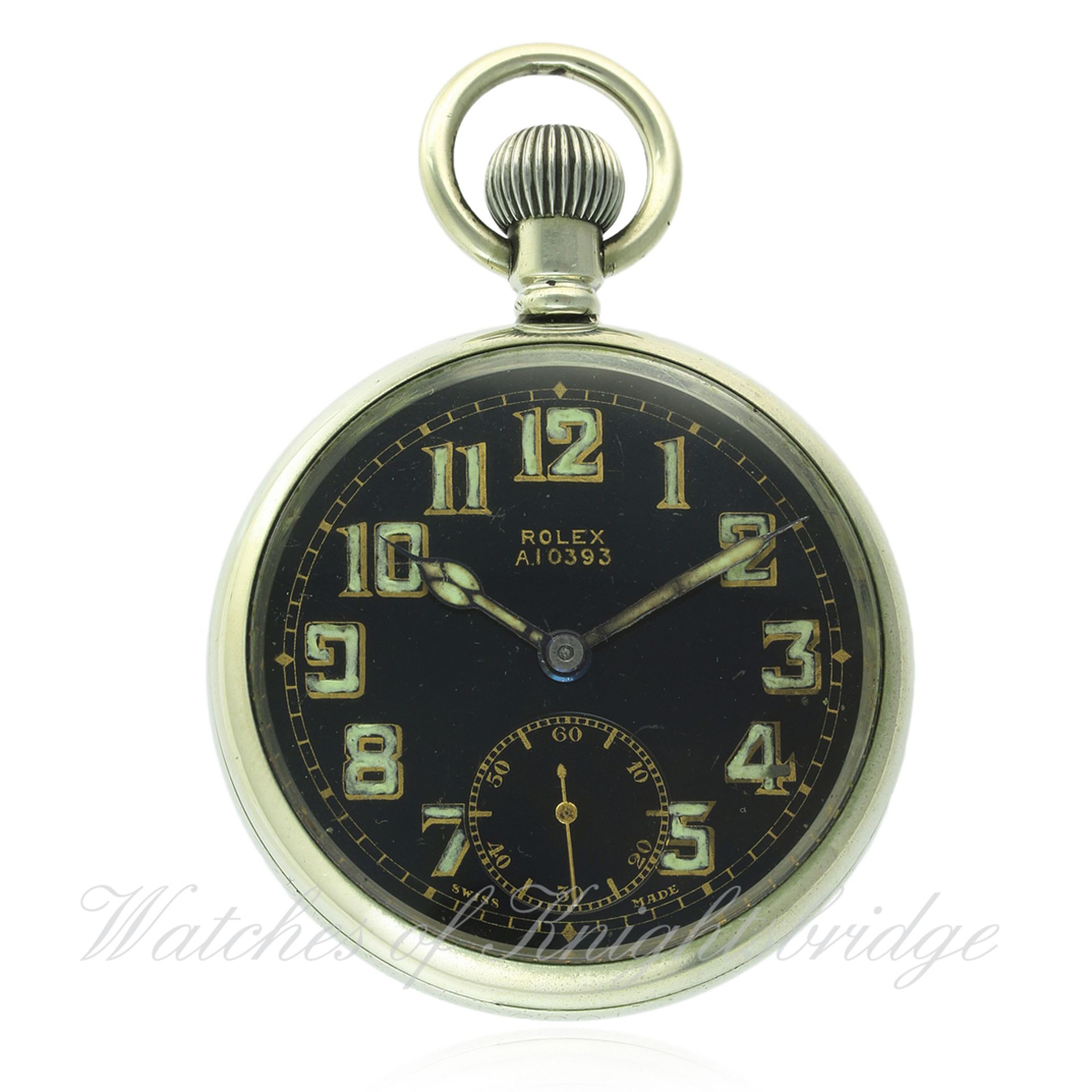 A GENTLEMAN'S NICKEL CASED ROLEX BRITISH MILITARY POCKET WATCH CIRCA 1930s
D: Black enamel dial with