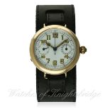 A RARE GENTLEMAN'S 9CT SOLID GOLD SINGLE BUTTON CHRONOGRAPH WRIST WATCH CIRCA 1920s
D: White