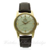 A RARE GENTLEMAN'S 18K SOLID PINK GOLD OMEGA SEAMASTER AUTOMATIC CHRONOMETER WRIST WATCH CIRCA 1954,