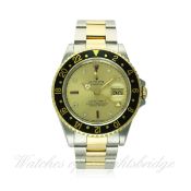 A RARE GENTLEMAN'S STEEL & GOLD ROLEX OYSTER PERPETUAL DATE GMT MASTER II BRACELET WATCH CIRCA 1991,