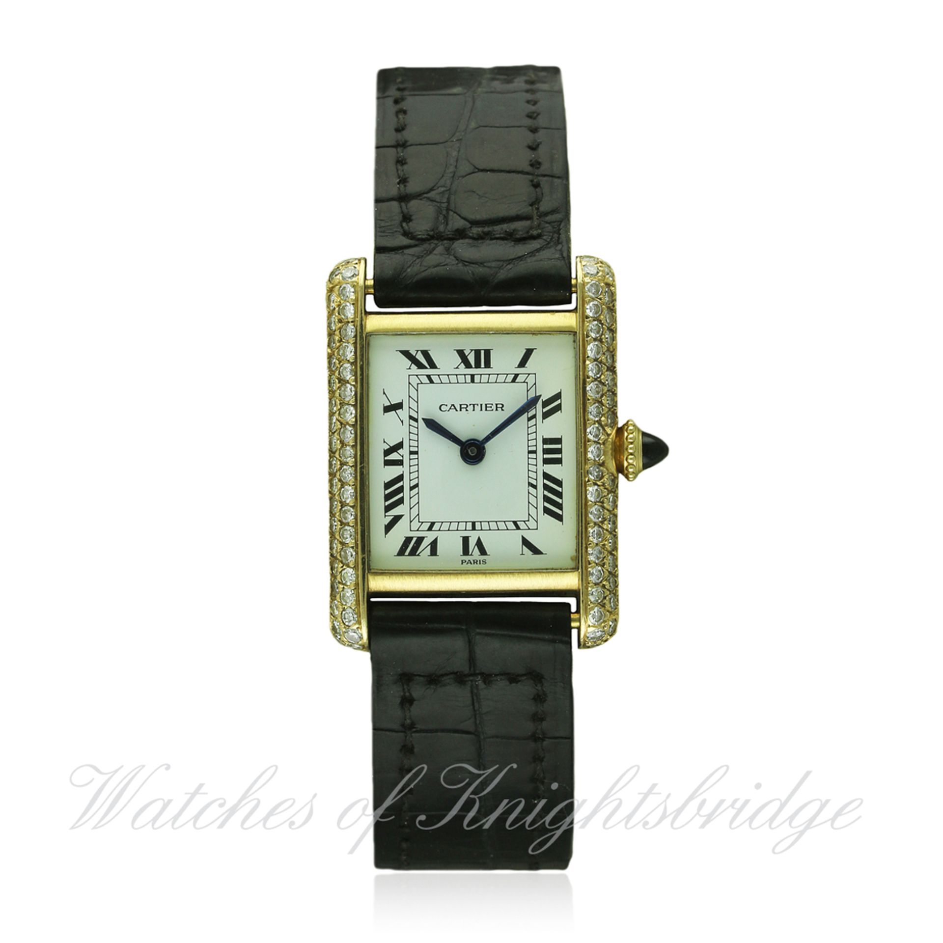 A LADIES 18K SOLID GOLD CARTIER PARIS TANK WRIST WATCH CIRCA 1970s D: White dial with Roman numerals