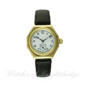 A RARE GENTLEMAN'S 18K SOLID GOLD ROLEX OYSTER OCTAGONAL WRIST WATCH CIRCA 1920s
D: White enamel