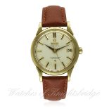 A RARE GENTLEMAN'S 18K SOLID GOLD OMEGA CONSTELLATION CALENDAR CHRONOMETER WRIST WATCH CIRCA 1960,