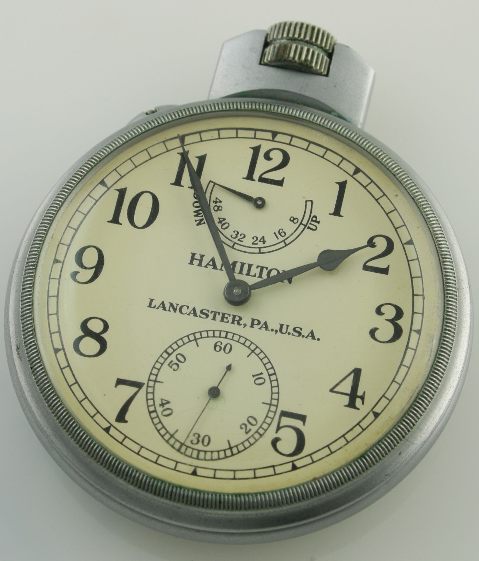 A GENTLEMAN'S NICKEL CASED ROLEX BRITISH MILITARY POCKET WATCH CIRCA 1930s
D: Black enamel dial with - Image 2 of 6