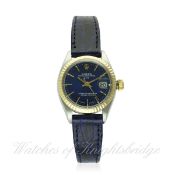 A LADIES STEEL & GOLD ROLEX OYSTER PERPETUAL DATE WRIST WATCH CIRCA 1981, REF. 6917
D: Blue dial