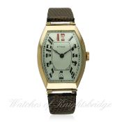 A RARE GENTLEMAN'S LARGE SIZE 14K SOLID GOLD CYMA TONNEAU WRIST WATCH CIRCA 1920
D: Silver dial with