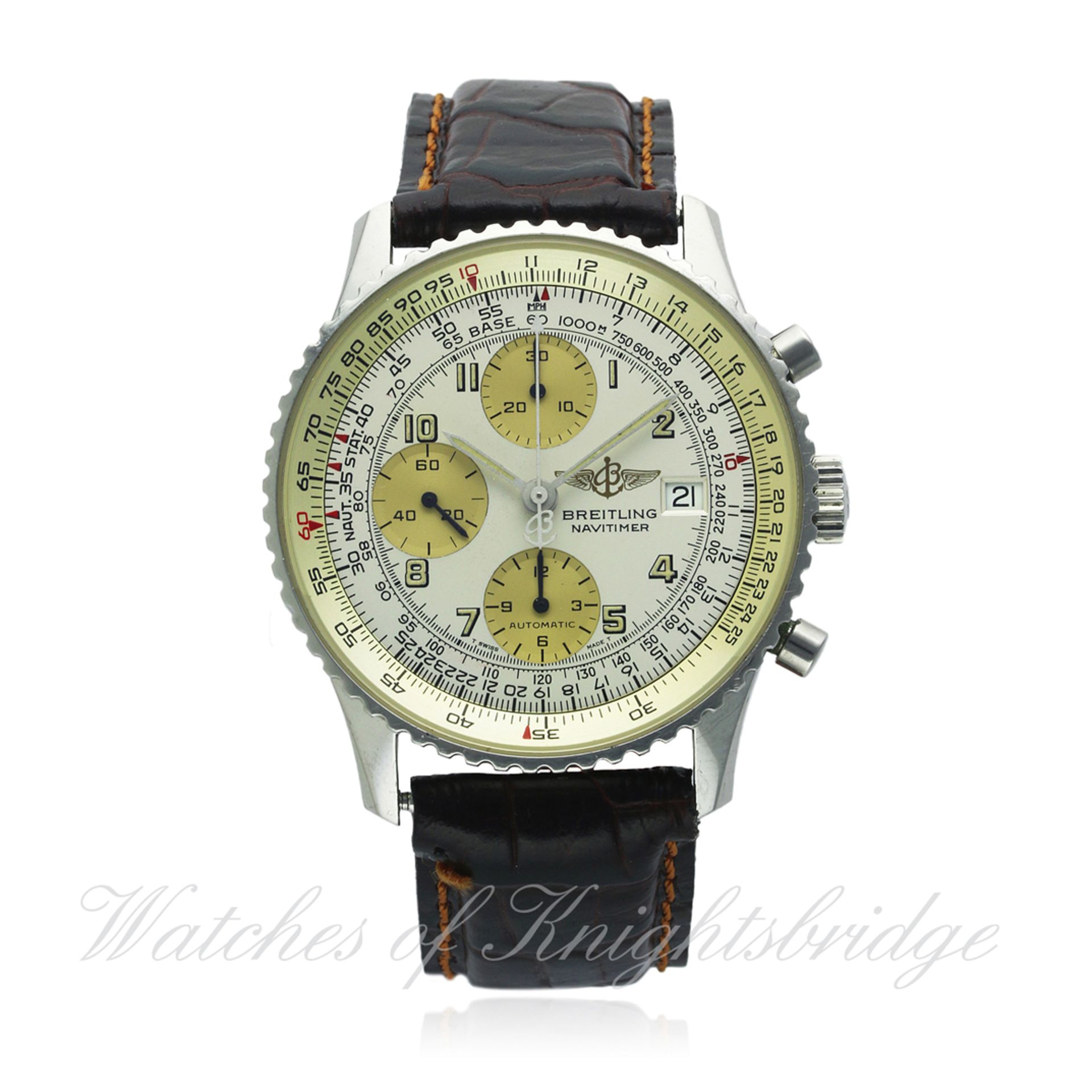 A GENTLEMAN'S STAINLESS STEEL BREITLING NAVITIMER AUTOMATIC CHRONOGRAPH WRIST WATCH CIRCA 1990s,